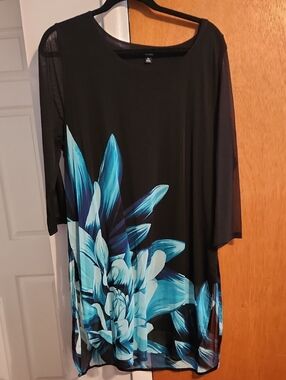Alfani Black Tunic with Teal Blue Floral Design